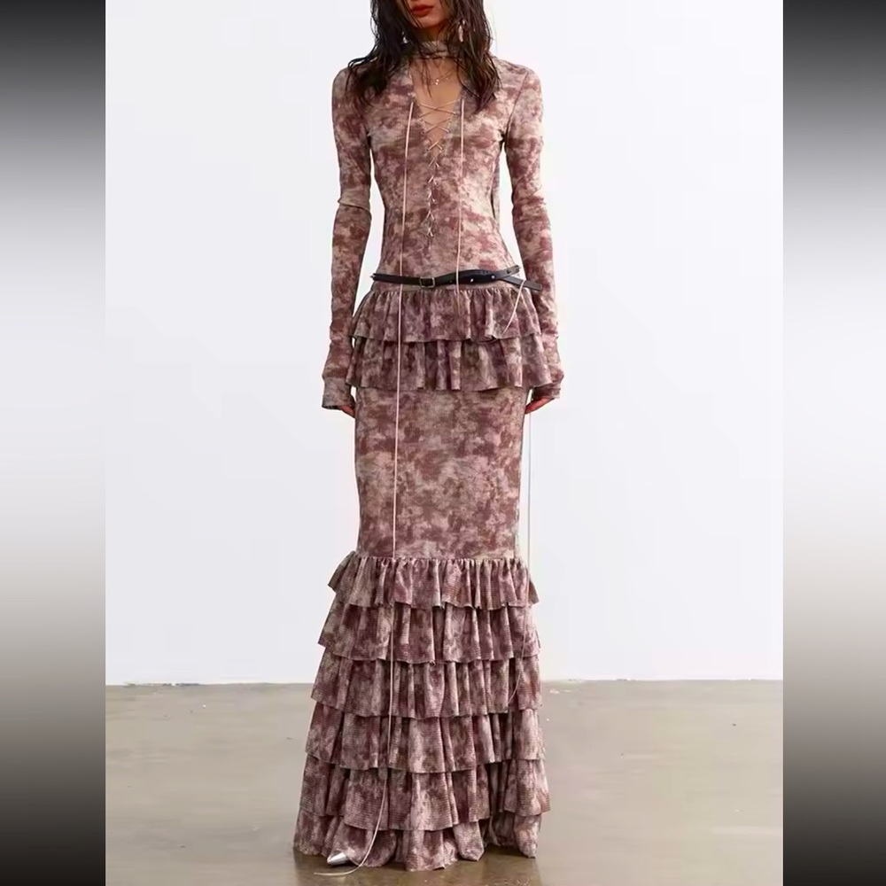 Lace up ruffle layer maxi bodycon dress. NWOT